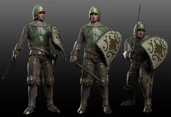 Fantasy Medieval Knight Chain Mail Armor Helmet Shield Sword — Stock Photo, Image