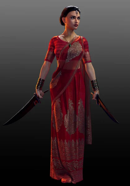 Fantasy Indian South Asian Poc Woman Red Saree Daggers — Fotografia de Stock