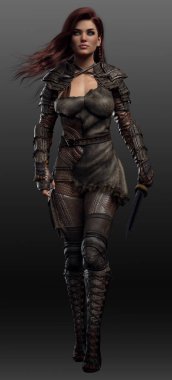Urban Fantasy, Dystopian or Sci Fi Woman in Brown Armor with Long Red Hair