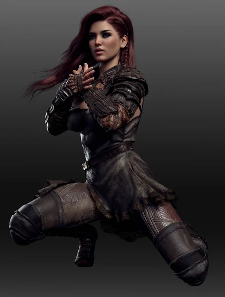 Urban Fantasy Dystopian Sci Woman Brown Armor Long Red Hair — стокове фото