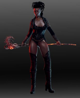 Fantasy Voodoo Priestess with Skull Staff and Dreads
