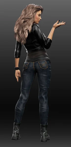 Urban Fantasy Woman Leather Jeans Magic Pose — Photo