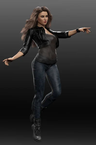 Urban Fantasy Woman in Leather and Jeans in Magic Pose