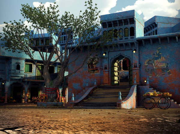 Fantasy Middle East or Indian Ancient City Street with Blue Buildings, Daytime