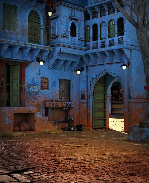 Fantasy Middle Eastern Indian Ancient City Street Blue Buildings Daytime — Stock Fotó