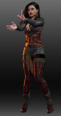 Fantasy Sci Fi POC South Asian Woman in Leather Armor in a Magic Pose