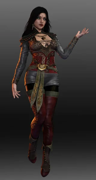 Fantasy Sci Poc South Asian Woman Leather Armor Magic Pose — Stockfoto