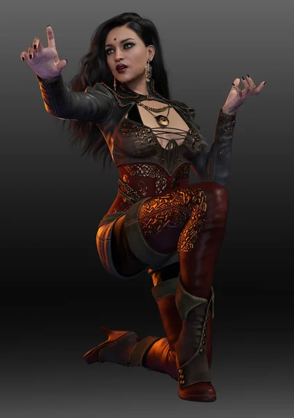 Fantasy Sci Poc Południowo Azjatycka Kobieta Skórzanej Zbroi Magicznym Pose — Zdjęcie stockowe