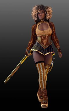 Steampunk POC Kadın Korse ve Kısa Etek, Doğal Saç