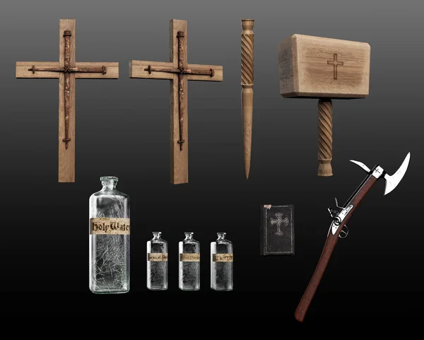 Fantasy Vampire Hunter Kit Crosses Stake Holy Water — 스톡 사진