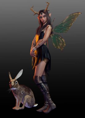 Fantasy Horned and Winged Fae with Rabbit Pet