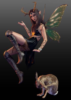 Fantasy Horned and Winged Fae with Rabbit Pet