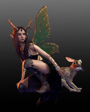 Fantasy Horned and Winged Fae with Rabbit Pet