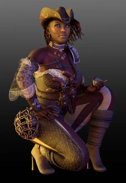 Fantasy Steampunk Poc African American Pirate Woman Buccaneer Outfit — Stok fotoğraf