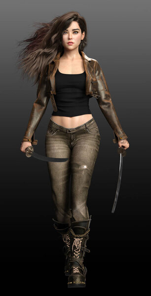 Urban Fantasy Woman in Brown Leather in Fighting or Action Pose, Sci Fi or Dystopian