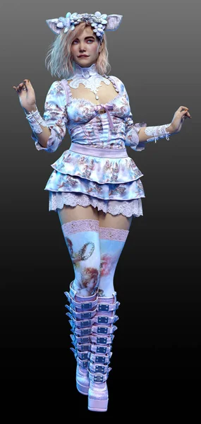 Fantasy Kawaii Blonde Girl Bbw Curvy Pastel Boho Dress — Stok fotoğraf