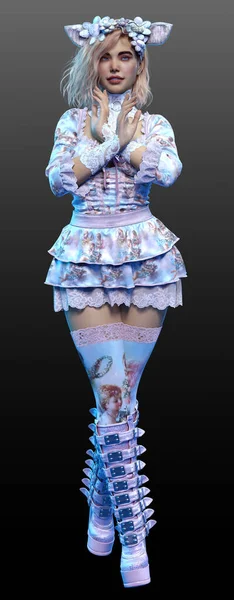 Fantasy Kawaii Blonde Girl Bbw Curvy Pastel Boho Dress — Stockfoto