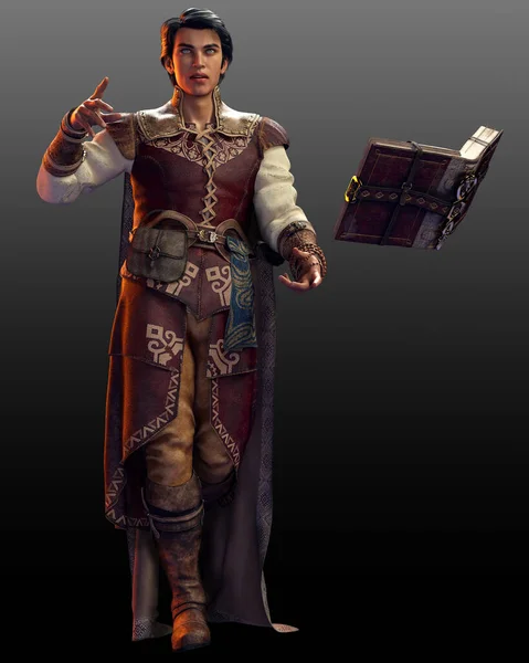 Fantasy Mage Spellbook Young Medieval Magician Leather Armor — 스톡 사진