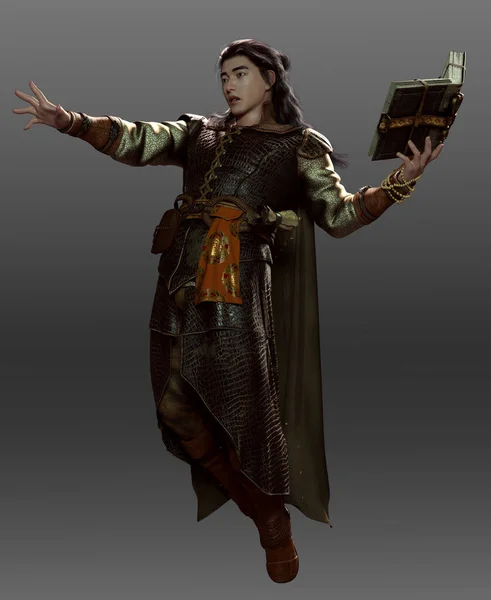 Fantasy Asian Poc Male Mage Wizard Spell Book — стокове фото