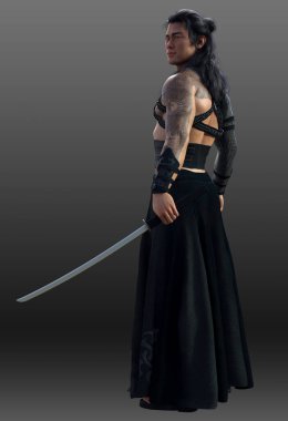 Katana kılıçlarıyla Japon elbiseli fantezi Asyalı adam.