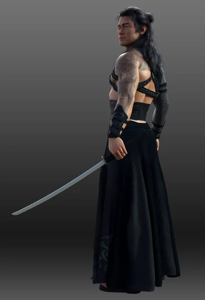 Fantasy Asian Poc Mann Japanischen Kleid Mit Katana Schwertern — Stockfoto