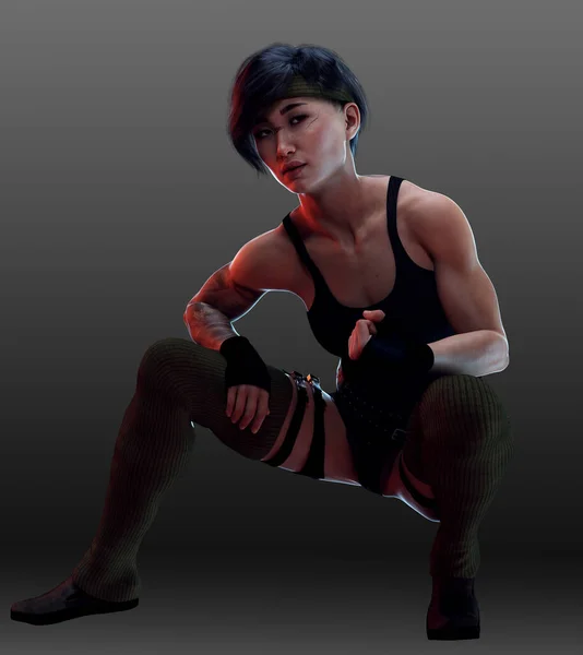 Cyberpunk Dystopian Poc Asian Woman Fighter — Stock Photo, Image