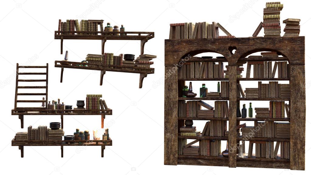 CGI Fantasy Props from Mage or Alchemist Workroom, Library, Castle