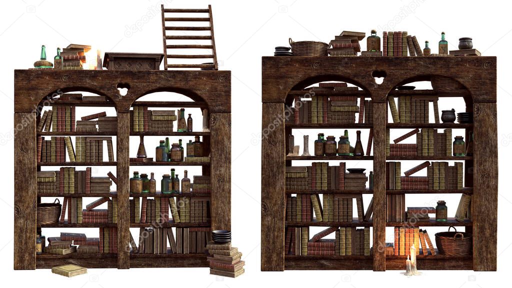 CGI Fantasy Props from Mage or Alchemist Workroom, Library, Castle