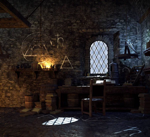 Εργαστήριο Του Cgi Alchemist Στο Κάστρο Παλιό Σκοτεινό Δωμάτιο — Φωτογραφία Αρχείου