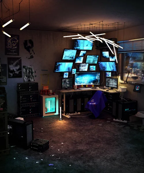 Ciemny Pokój Haker Room Konfiguracja Komputera Cyberpunk Lub Sci — Zdjęcie stockowe