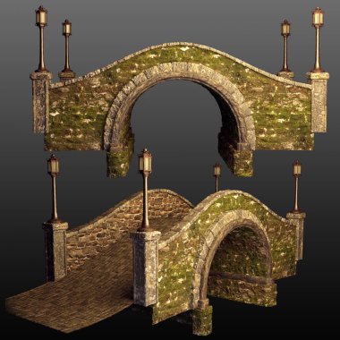 CGI Old Stone Arched Bridge with Wrought Iron Lamps