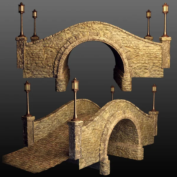 Cgi Old Stone Arched Bridge Wroughter Iron Lamps — 스톡 사진