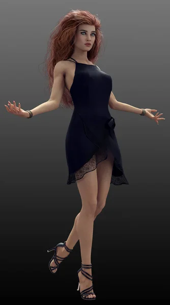 アーバンファンタジー赤髪かわいい黒ドレスとサンダルでかわいい魔女 — ストック写真