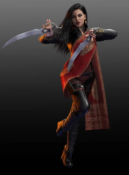 Sci South Asian Indian Poc Assassin Warrior Woman Sari Drape — Stock Photo, Image