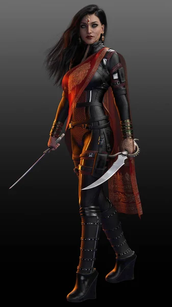 Sci South Asian Indian Poc Assassin Warrior Woman Sari Drape — Stock Photo, Image