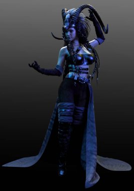 Fantezi şaman, büyücü ya da boynuzlu başlık ve deri giyen büyücü.