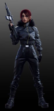 Siyah Deri Giyen Şehir Fantezisi Kadın Silahlı Kış Dişlisi