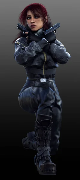 Urban Fantasy Woman Black Leather Winter Gear Gun — Stock Photo, Image