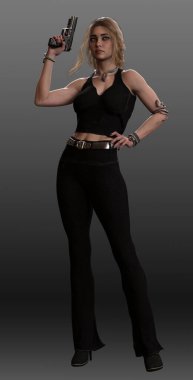 Siyah Giyen Sarışın Şehir Fantezisi Kadın Silahlı, Seksi Savaşçı veya Savaşçı