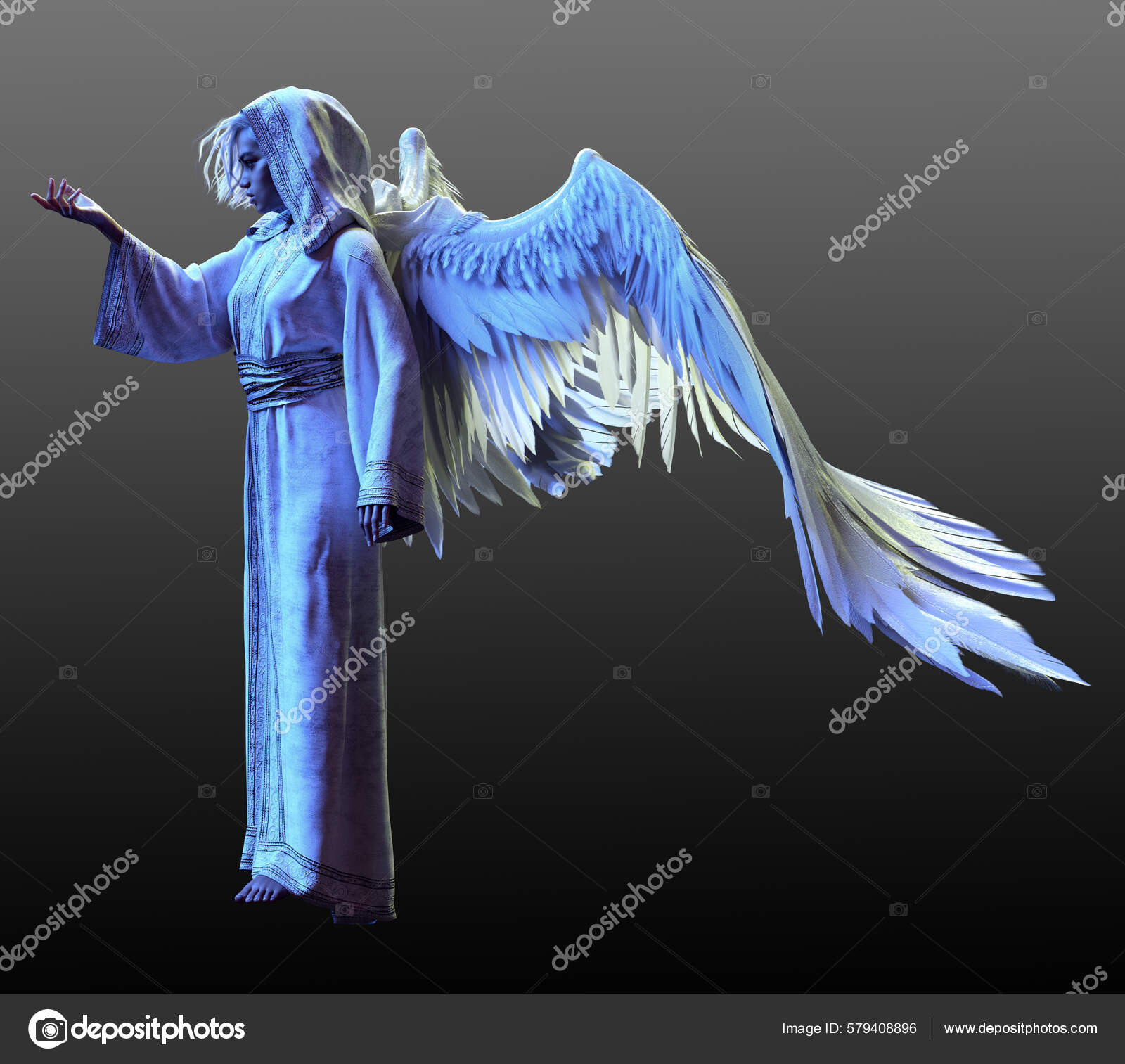 Fantasy White Robed Angel Con Alas Blancas Ser Celestial: fotografía de