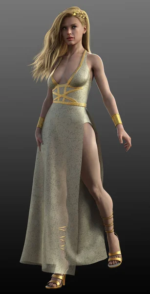 Fantasy Greek Roman Goddess Long White Gold Robe — Stock Photo, Image