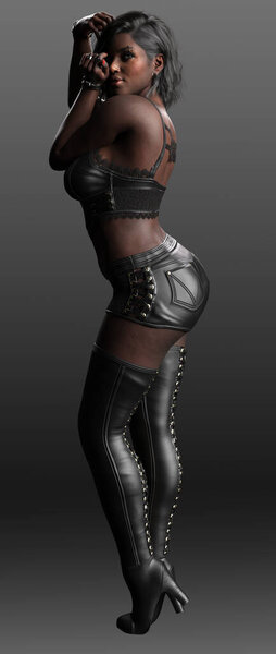 POC African American Glamour Model in Sexy Pose in Black Leather