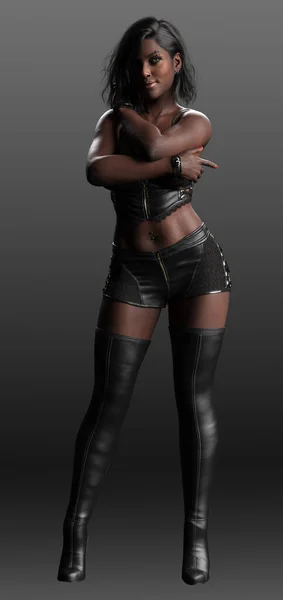 Poc Afro Amerikaanse Glamour Model Sexy Pose Zwart Leer — Stockfoto