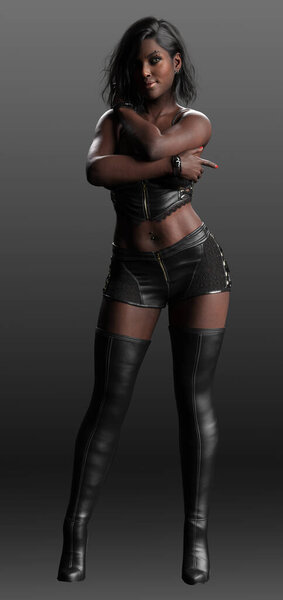 POC African American Glamour Model in Sexy Pose in Black Leather