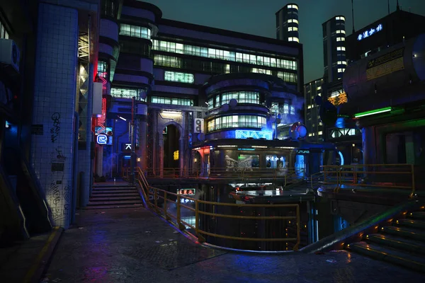 Neon Şaretli Bilimkurgu Siberpunk Karanlık Şehir Sokağı — Stok fotoğraf
