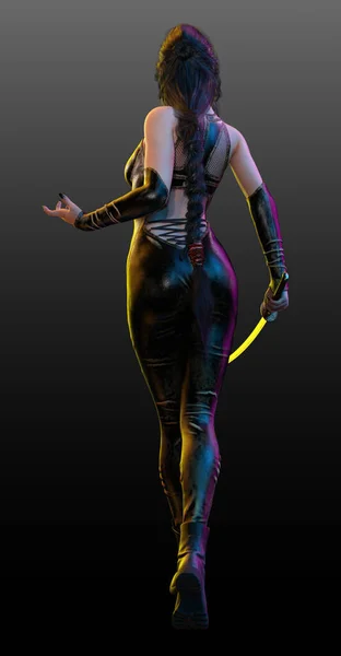 Urban Fantasy Sci Woman Katana Back View — 스톡 사진