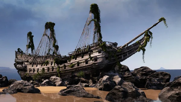 Cgi Wrecked Pirate Ship Beached Sailing Ship Ancient Ocean Wreck — стоковое фото