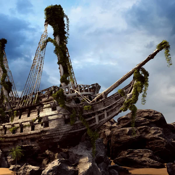 Cgi Wrecked Pirate Ship Beached Sailing Ship Ancient Ocean Wreck — 스톡 사진