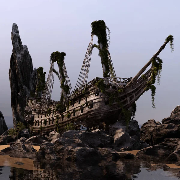 Cgi Wrecked Pirate Ship Beached Sailing Ship Ancient Ocean Wreck — Stockfoto