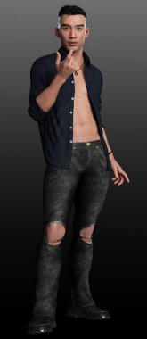 Yakışıklı Şehir Fantezisi Asyalı, Açık Gömlekli, Çıplak Göğlü Adam